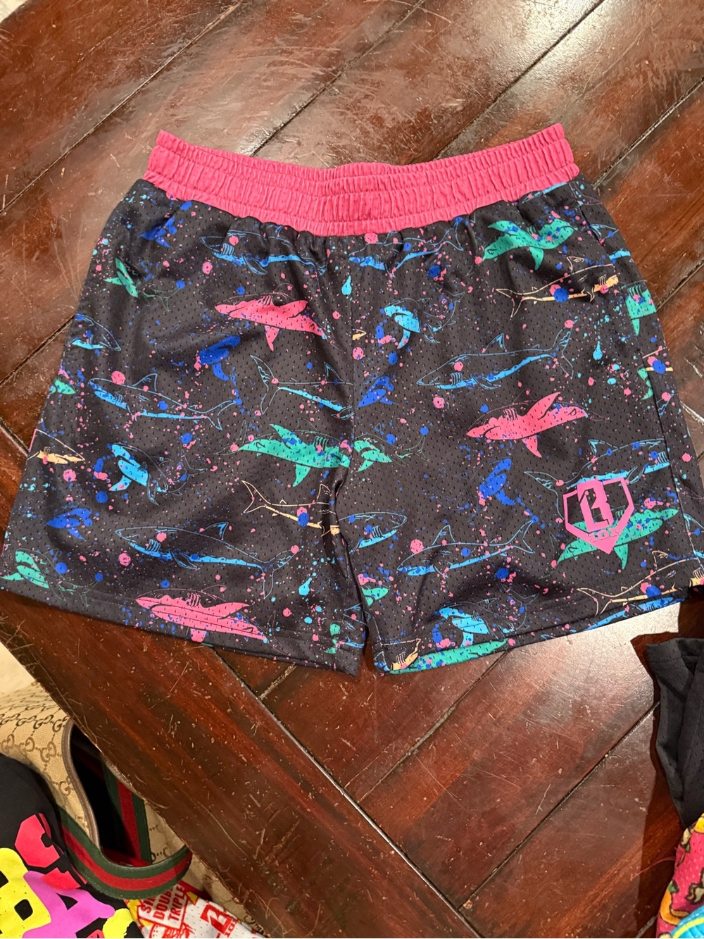 Black Neon Shark Print Athletic Shorts with Pink Waistband